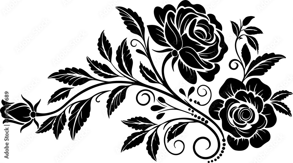 Obraz premium Black ornamental rose vector, decorative floral bouquet design