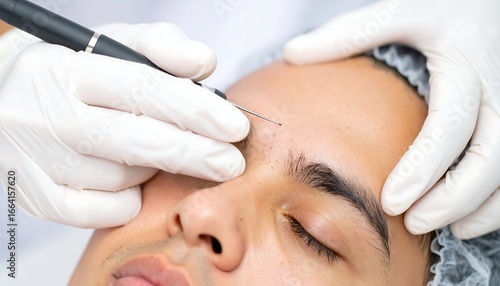 Close-up of a young man undergoing a professional cosmetic skin treatment for facial rejuvenation in a modern dermatology clinic