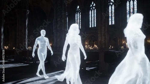 Ghostly figures in ethereal form walking through a grand, gothic hall.