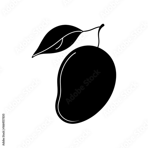 Black silhouette of a mango fruit with a leaf on a white background on transparent background