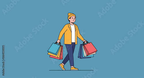 Stylish young shopper briskly walking with a haul of colorful shopping bags. Flat design vector illustration about consumerism and retail happiness