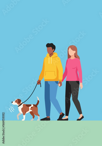 A diverse interracial couple holding hands while walking their happy pet dog on a leash, enjoying a leisurely outdoor stroll together in a park