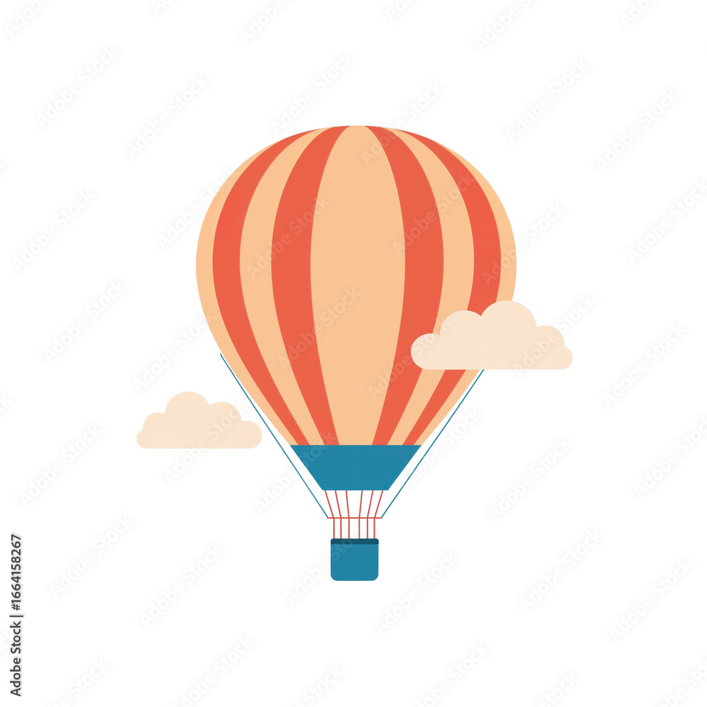 Fototapeta premium Stylized hot air balloon ascending amidst fluffy clouds against a serene isolated backdrop