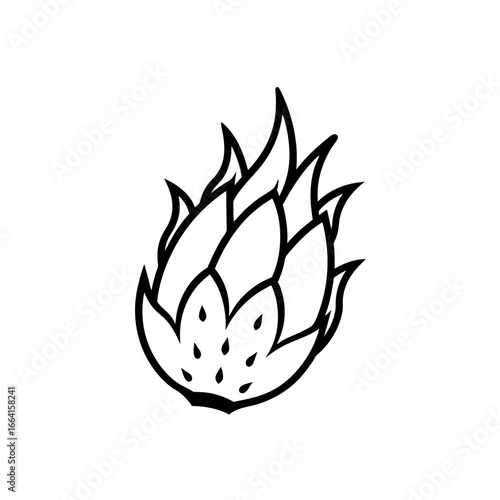 Illustration of a dragon fruit with black outline and seeds on transparent background
