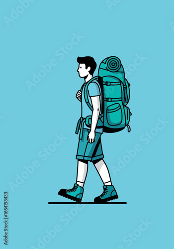 A simple vector line art illustration of a solo backpacker walking on a journey. Profile view of a male character hiking on an adventure