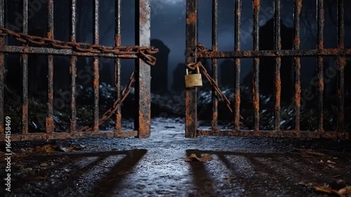 Rusty iron gate secured with a padlock and chain, leading to a dark, mysterious, and possibly ominous place.