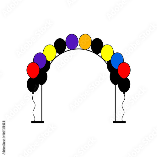 Archway decorated with colorful balloons supported by stands on transparent background