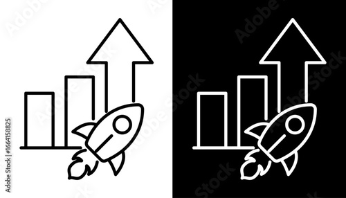 Icon for accelerated business growth, startup success, and market rise, with a launching rocket and upward trending bar chart