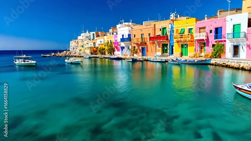 Brightly painted houses by turquoise sea with boats docked along shore, representing travel, Mediterranean lifestyle, and summer vacation
