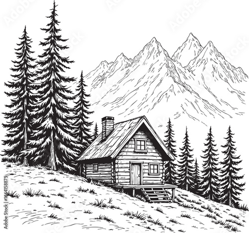 A black and white, vintage-style illustration portrays a charming log cabin situated on a hillside amidst a dense forest of pine trees.