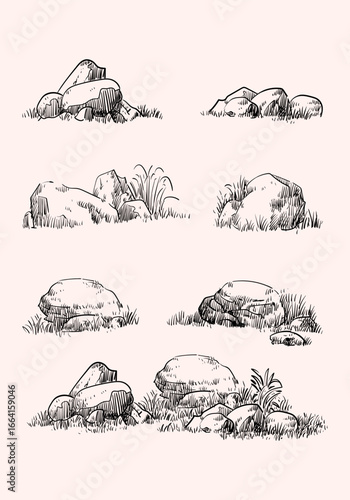 Stone, rock hand drawing nature element isolated on white background. Natural rocky slate lump engraving hand drawn in retro style.