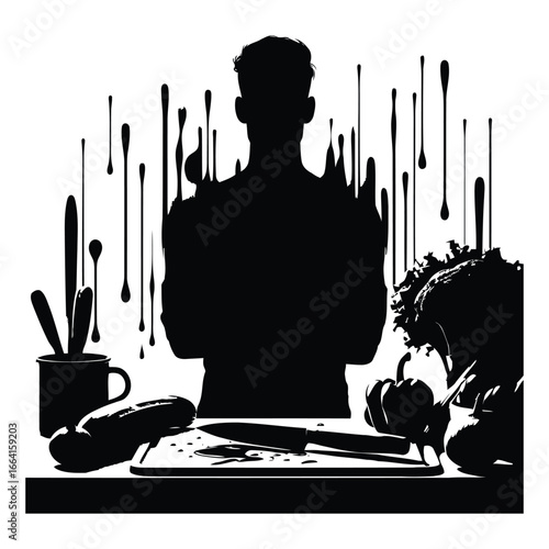 Silhouette of a nutrition coach demonstrating healthy eating with fresh produce and kitchen tools 