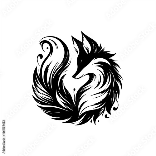 Stylized black and white fox illustration with swirling tail