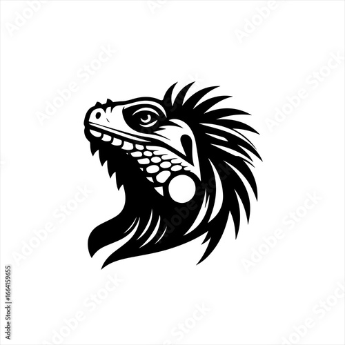 Stylized black and white iguana head silhouette
