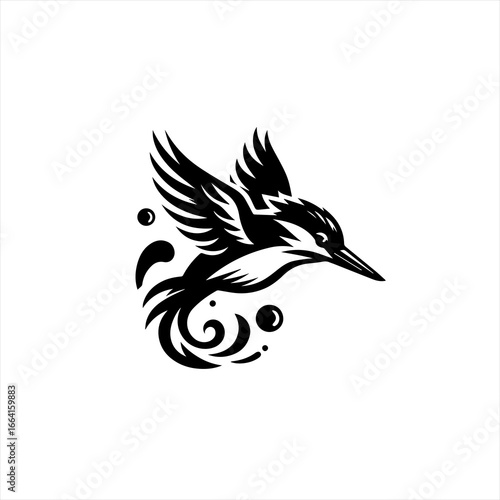 Stylized black and white kingfisher bird in flight with water elements