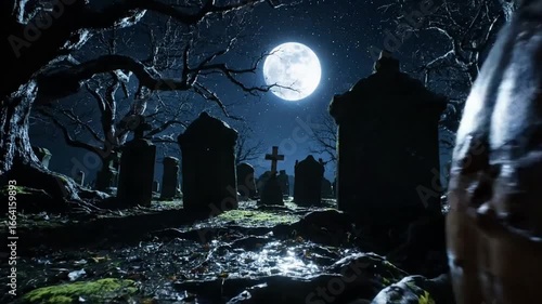 A spooky graveyard scene at night, with a full moon casting eerie shadows over tombstones and trees.