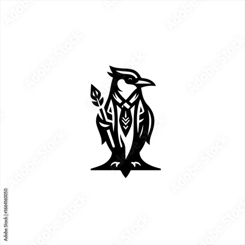 Stylized black and white penguin logo with a feather quill