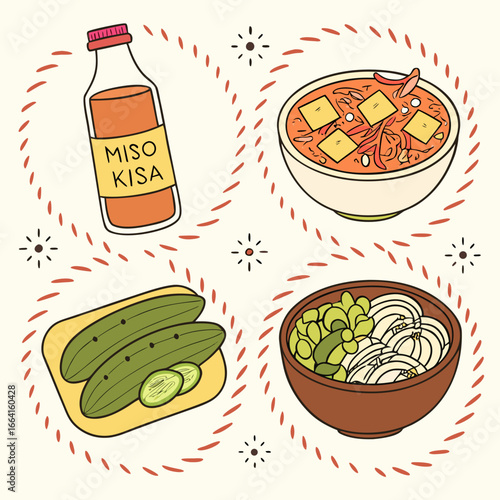 Assortment of asian dishes with miso bottle, soup, cucumbers, and salad