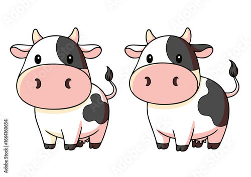 Cute cartoon cows, black and white with pink noses and tails, standing side-by-side in a simple illustration