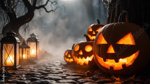 Spooky Halloween pumpkins illuminated by lanterns on a cobblestone path in a misty forest.