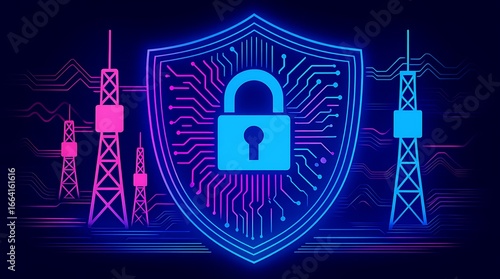 Cybersecurity Network Protection:  Neon Style Digital Shield and Padlock Graphic