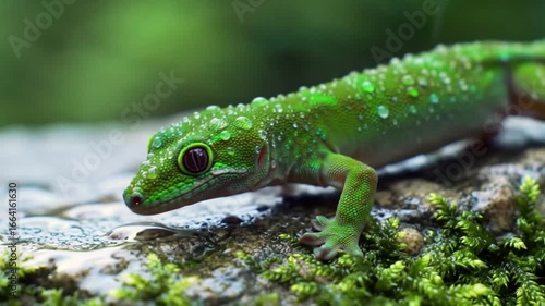 Vibrant Green Lizard with Glistening Water Droplets on Mossy Rock