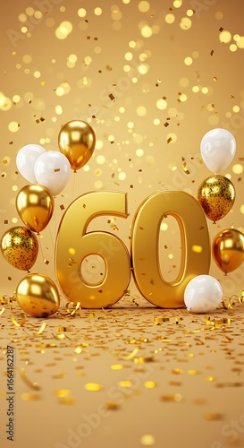 Golden 60th birthday celebration with balloons and confetti.