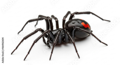 Close-up studio shot of a black widow spider with a prominent red hourglass marking on its abdomen, isolated on a white background.