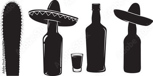 Vector Silhouette Tequila Bottle Shot Glass Sombrero Cactus Minimal Black White