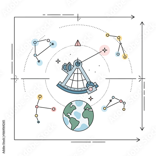 Navigation chart a stylized sextant surrounded by constellations and an earth hologram used to symbolize celestial navigation for infographics and educational materials.