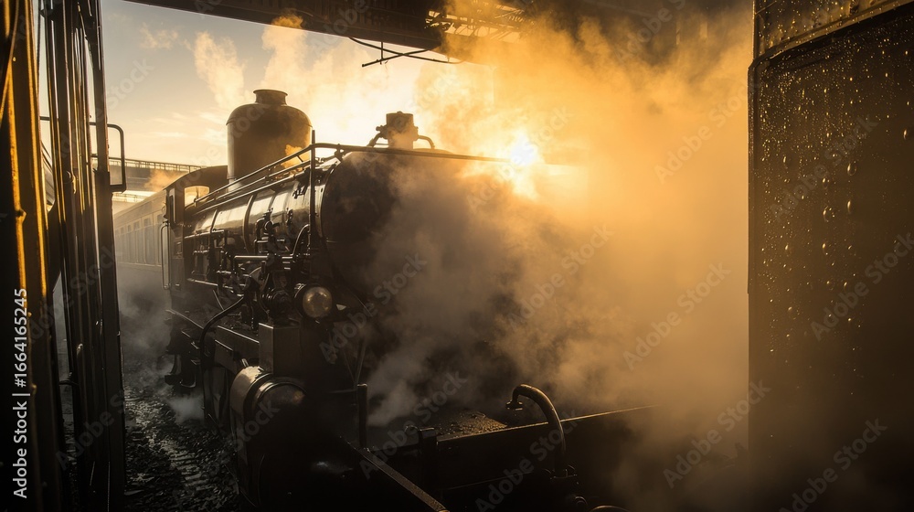 Obraz premium Historic steam train engine compartment filled with dramatic steam clouds revealing authentic vintage machinery and industrial components