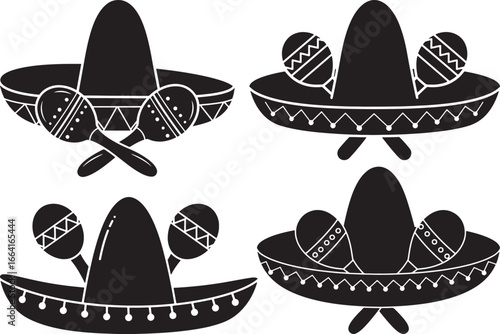 Vector Silhouette Mexican Sombrero Maracas Minimal Black White Party