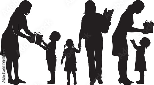 Vector Silhouette Mother Children Shopping Gift Giving Minimal Black White