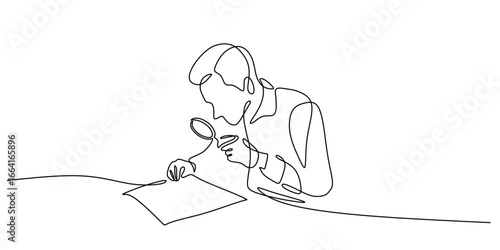 One Single Line Drawing of a Person Inspecting a Document with a Magnifying Glass