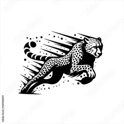 Dynamic black and white cheetah in full sprint motion