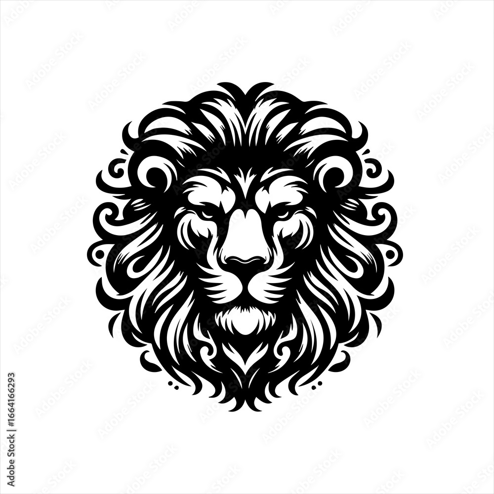 Obraz premium Stylized black and white lion head emblem with ornate mane