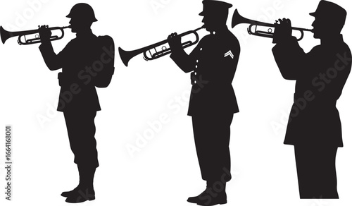 Vector Silhouette Soldiers Playing Bugle Trumpet Minimal Black White