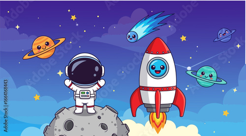 Adorable astronaut exploring space with planets and rocket creating fun educational illustrations for kids