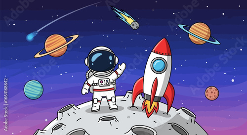 Fun space adventure cartoon with astronaut, rocket, planets, and stars for creative kids designs