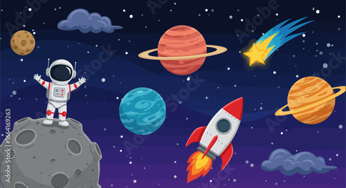 Explore the cosmos with this vibrant cartoon space adventure featuring an astronaut and rocket