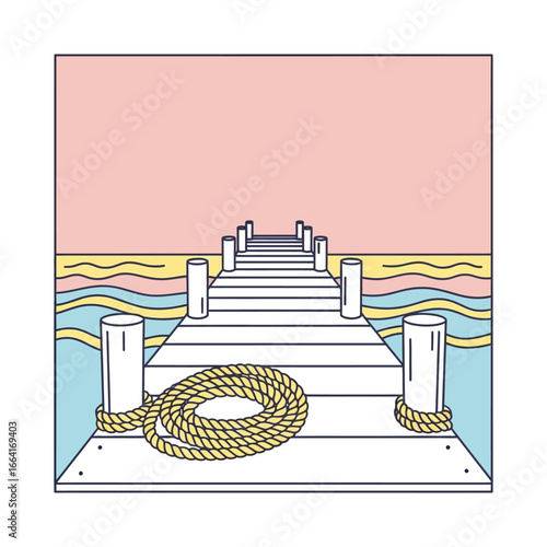 dock with rope on summer day tranquil scene of waterfront pier with mooring rope coiled on the wooden planks vacation travel and relaxation themes