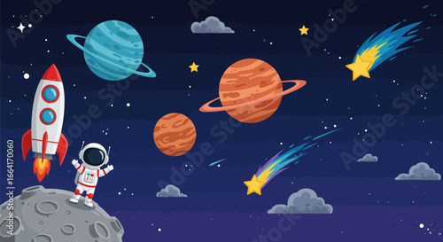 Excited astronaut with rocket explores vibrant planets, stars, and comets in outer space adventure