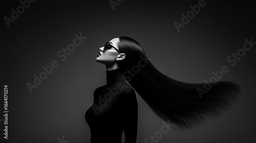 Elegant woman in a black turtleneck and sunglasses, gazing upward with long flowing hair