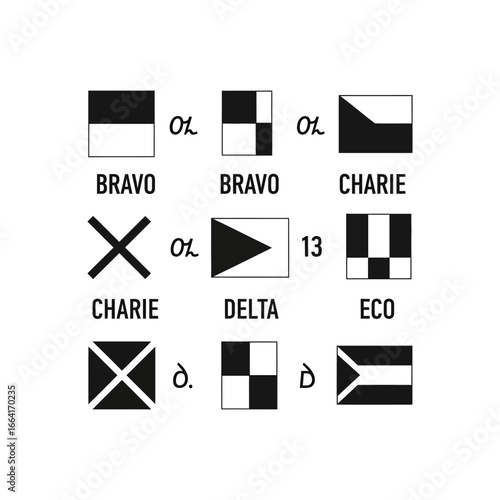 international maritime signal flags bravo charlie delta and eco useful for illustrating naval communication and nautical vocabulary for maritime studies.