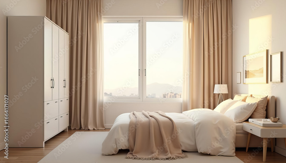Fototapeta premium Modern bedroom with soft beige tones and large window 