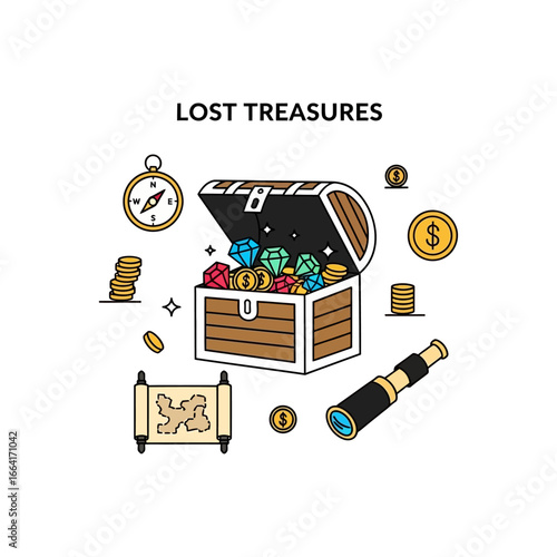Lost treasures with gold coins diamonds and map in a treasure chest ideal for adventure game promotions mystery novel covers or pirate-themed party invites.