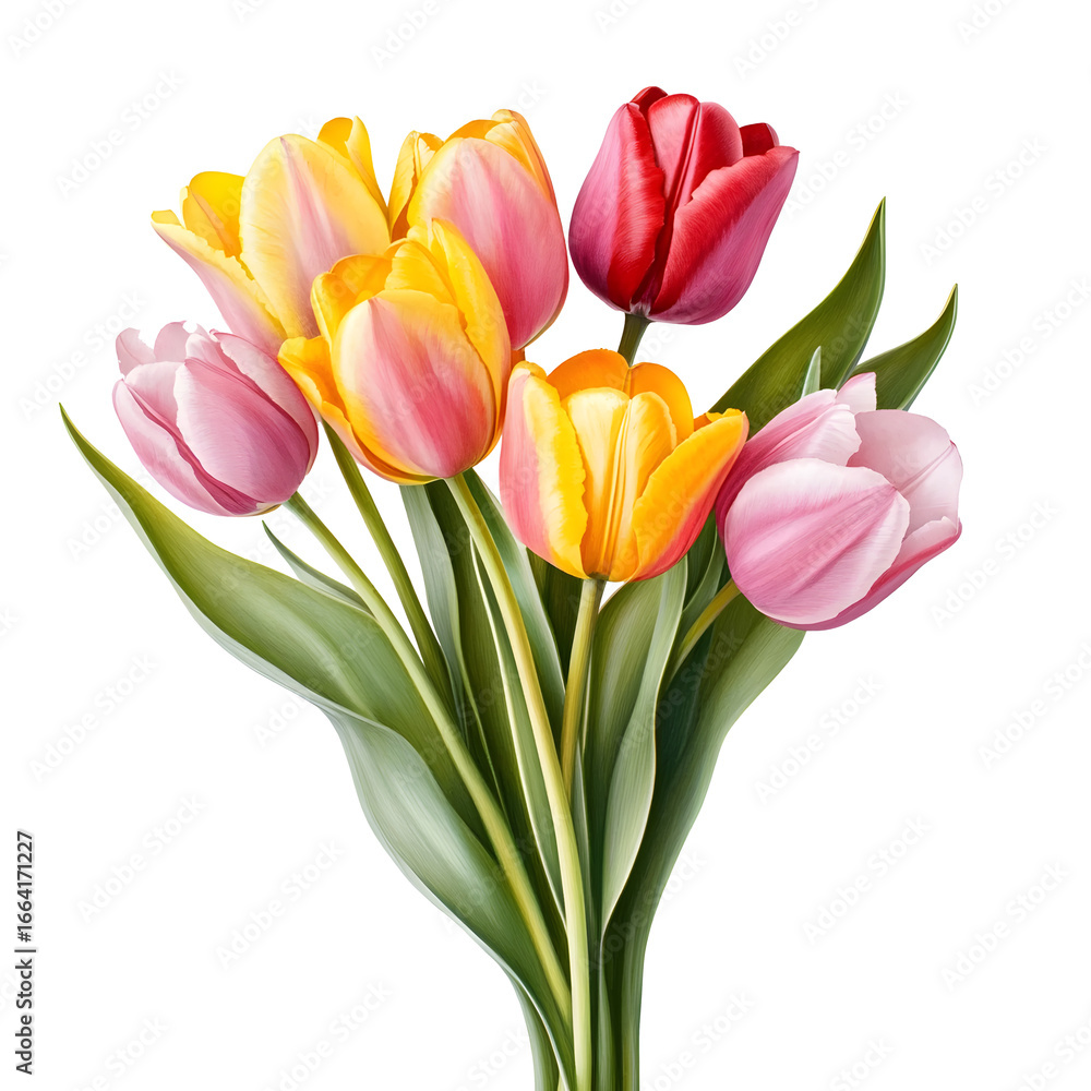Obraz premium Realistic Red and Yellow Tulip Bouquet Isolated on Transparent Background