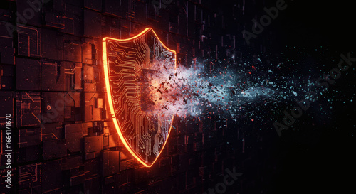 Glowing digital shield with circuit pattern disintegrating into particles, symbolizing a critical cybersecurity breach or data vulnerability in a futuristic network