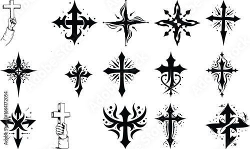  Christian art, cross vector, hand and cross, crucifix tattoo, spiritual design symbol, bible art,  vector bundle