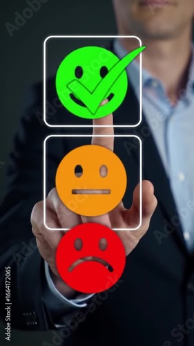 Evaluating Customer Satisfaction Hand Taps Green Checkmark Smiley on Digital Interface for Positive Service Feedback and Quality Rating